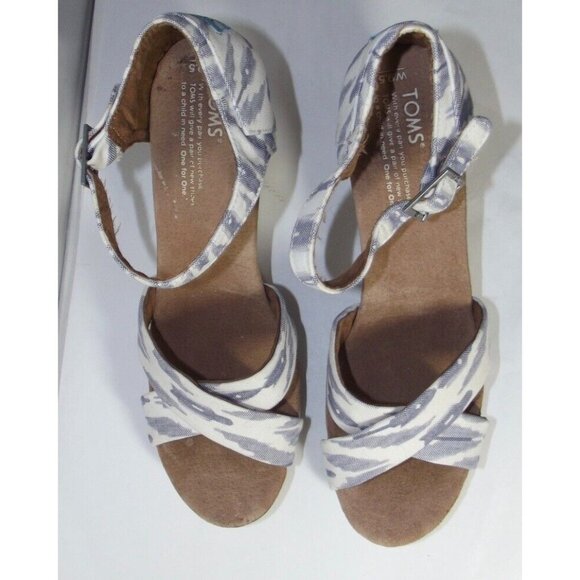Toms Chambray Sandals 9.5 blue white canvas Peep-Toe Wedge adjustable straps - Picture 10 of 12